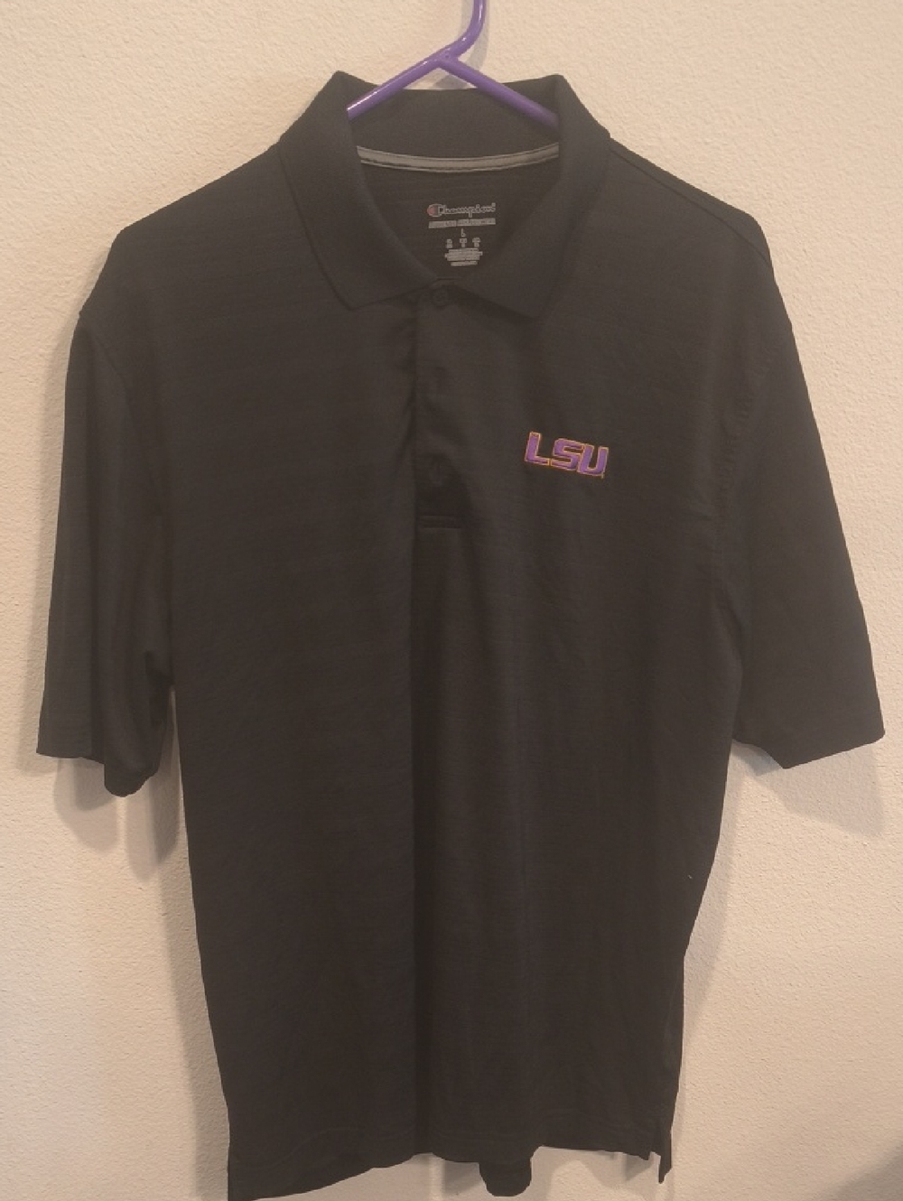 Champion Black Polo with Purple and Gold LSU Logo Large